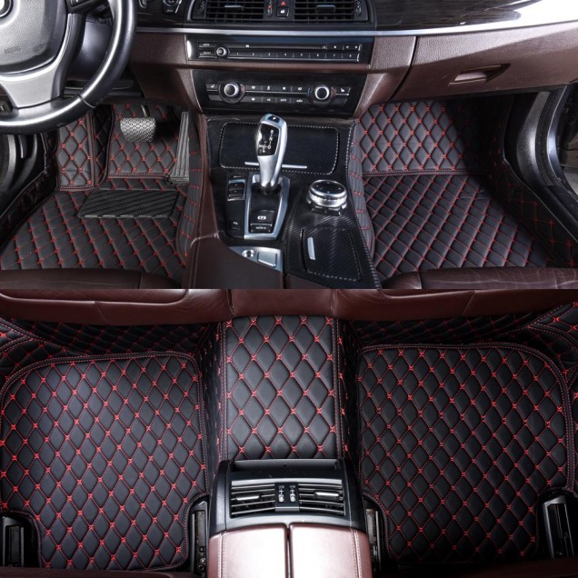 Black and Red Stitching Luxury Leather Diamond Car Floor Mats for Sale Black and Red Stitching Luxury Leather Diamond Car Floor Mats for Sale